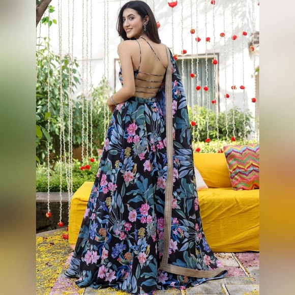 Black Printed With Zari Sequnce Lace Work Georgette Lehenga Set With Dupatta - Picture 4 of 16